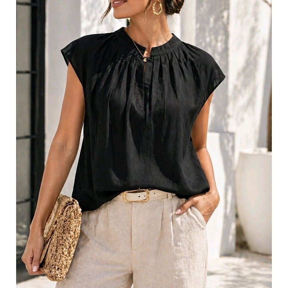 Brave+True Linen Blend Black Blouse L NWT Pleated Top $99 Retail